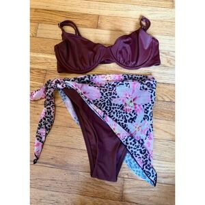 Rich brown bikini set with mesh animal print coverup